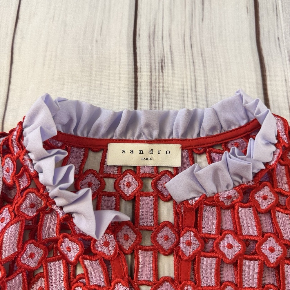 Sandro Paris Textured Lace Split Neck Dress Size 36‎ Small Women's Red - Picture 7 of 14